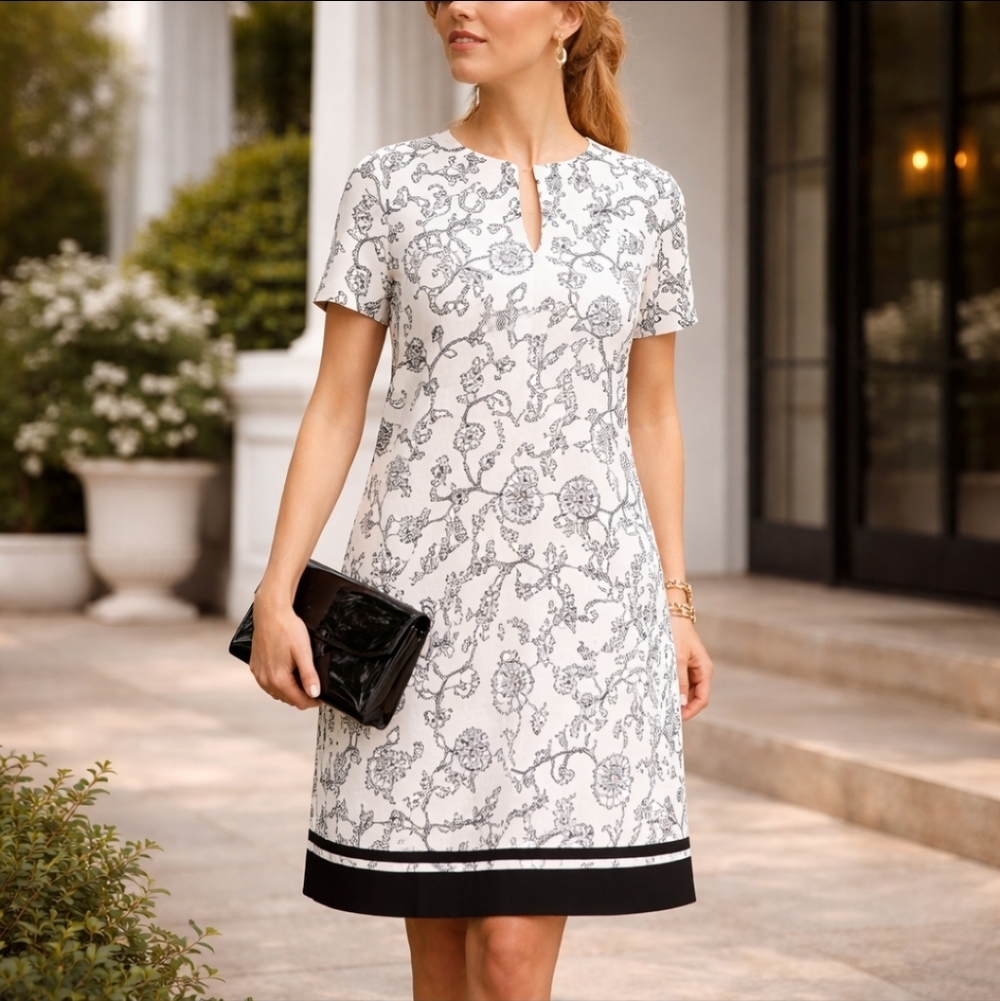 Escada Designer Navy/White Floral Preppy Classic Quiet Luxury Sheath Dress Sz S
